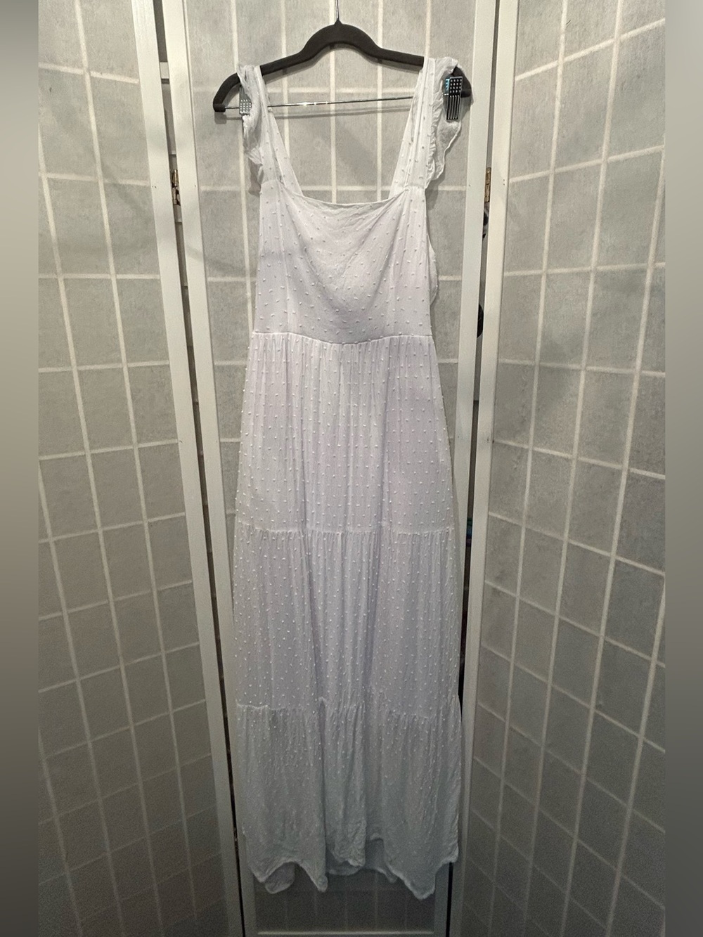 White Sleeveless Maxi Dress with Swiss Dot Texture
